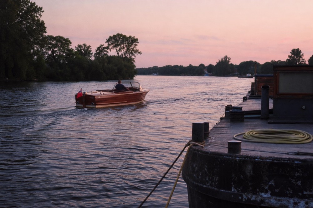 A small saloon boat cruising an Amsterdam canal in the evening, no text, no logos, no people.