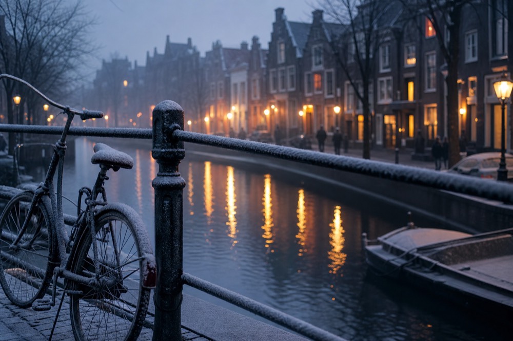 Warm light from canal-side buildings reflecting on dark water in Amsterdam, no text, no logos, no people