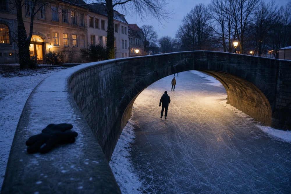 Skaters crossing a frozen canal beneath a classic Amsterdam bridge at dusk, no text, no logos, no people
