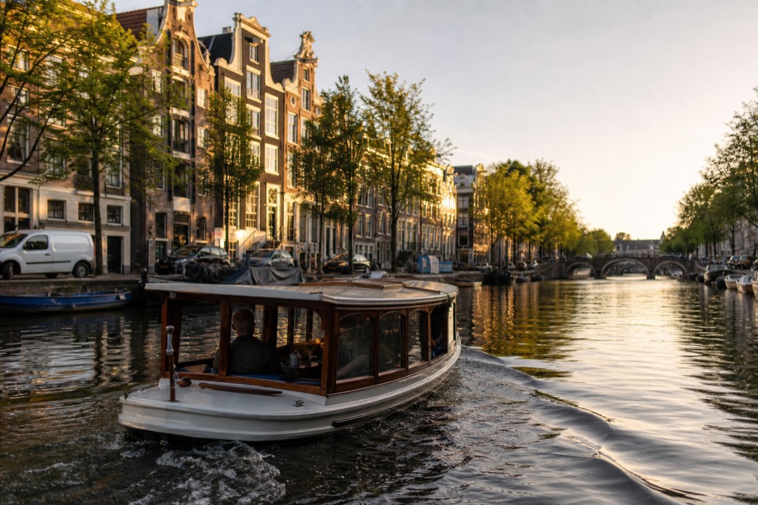 A classic saloon boat gliding along an Amsterdam canal at golden hour, no text, no logos, no people.