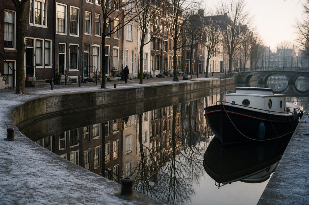 Amsterdam canal houses reflected in still water beside a moored boat, no text, no logos, no people
