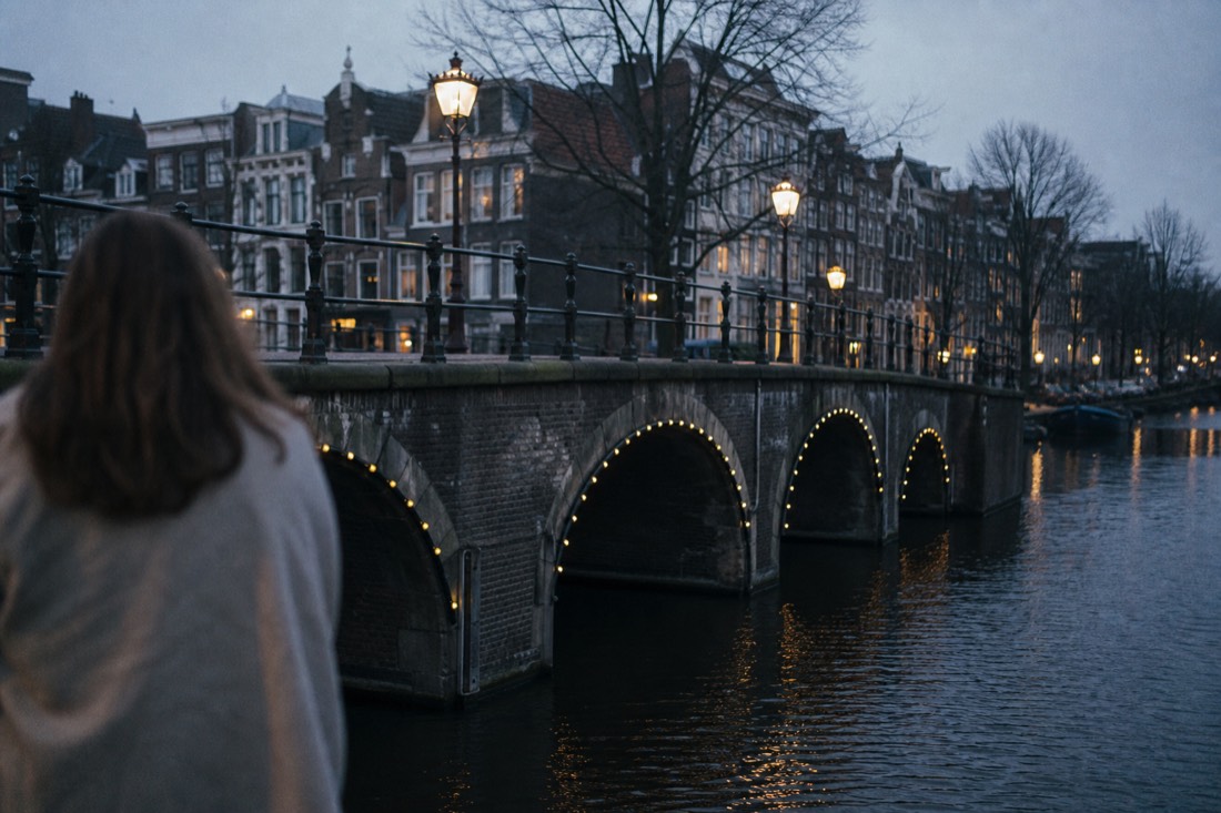 Stone canal bridge arches receding in a straight line over dark water at dusk, no text, no logos, no people.