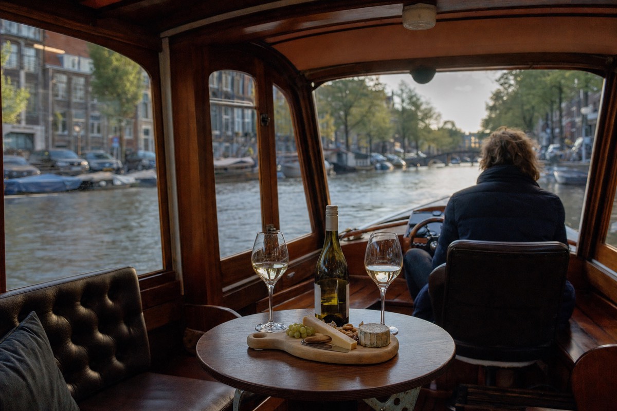 A small cheese board with grapes and two glasses of white wine on a table inside a wood-paneled canal boat, a canal and trees visible through the window