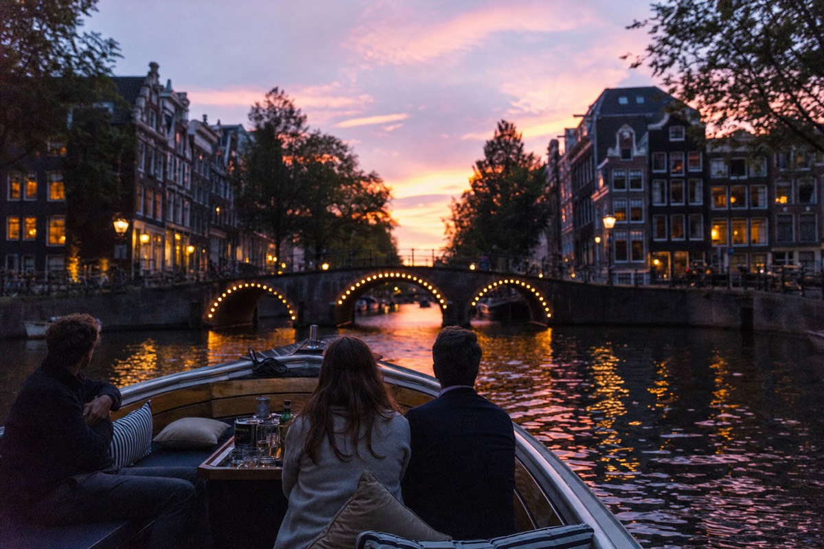 Passengers on an open canal boat at sunset approaching a stone bridge strung with lights, a pink sky reflected in the water