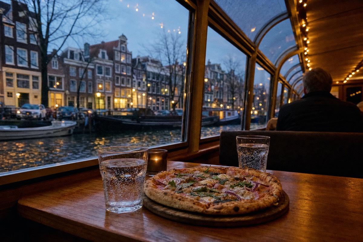 A whole pizza on a wooden board on a canal boat table at dusk, with sparkling water glasses and moored houseboats visible through the window