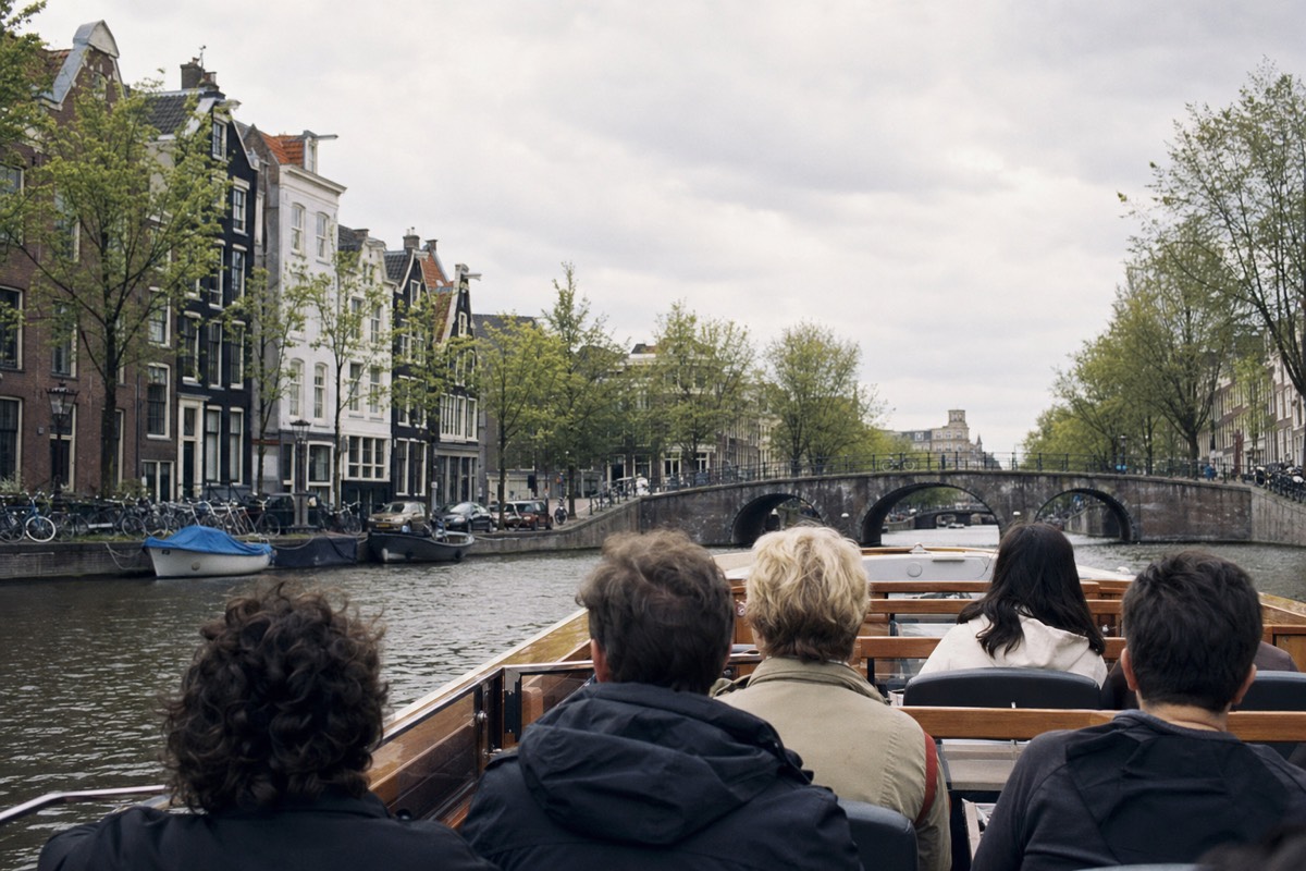 Passengers seen from behind on an open canal boat gliding past rows of gabled Amsterdam houses toward a stone bridge on an overcast day