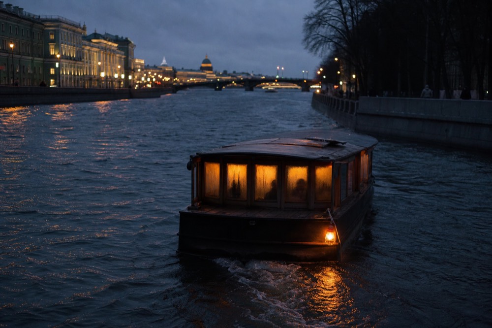 A covered heated canal boat lit warmly against a dark evening canal, no text, no logos, no people.
