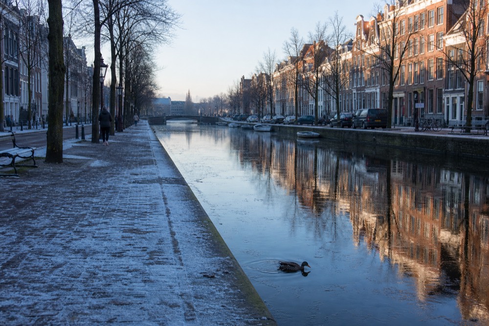 View along a concentric Amsterdam canal with rows of narrow gabled houses, no text, no logos, no people