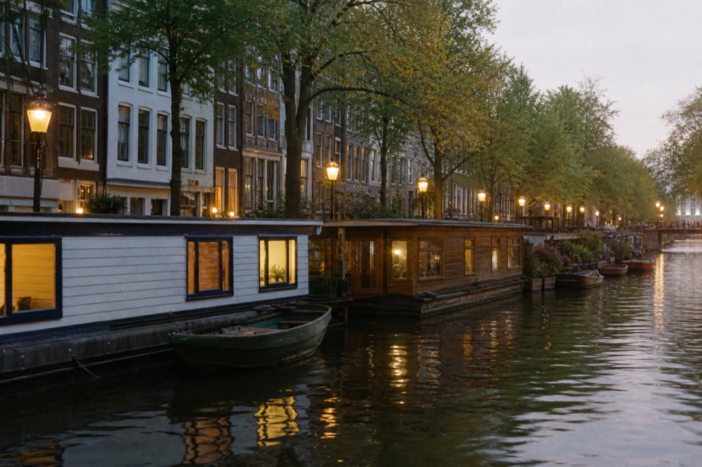 Amsterdam canal with houseboats and a tree‑lined embankment, no text, no logos, no people
