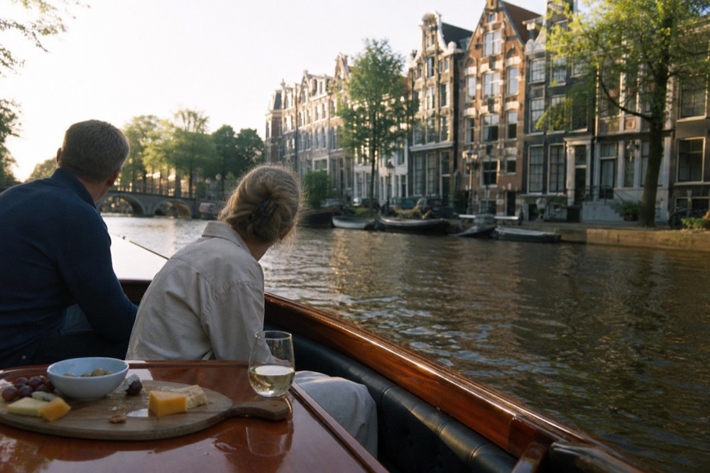 A saloon boat cruising past narrow gabled houses on an Amsterdam canal, no text, no logos, no people